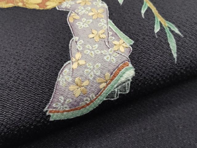 平和屋着物●極上 九寸開き名古屋帯 友禅 刺繍 枝垂れ柳人物文 金彩 鬼しぼ縮緬 紫黒色地 逸品 CZAA4136s5