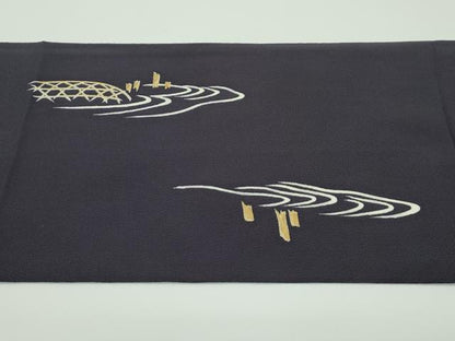 平和屋着物●極上 九寸開き名古屋帯 友禅 刺繍 枝垂れ柳人物文 金彩 鬼しぼ縮緬 紫黒色地 逸品 CZAA4136s5