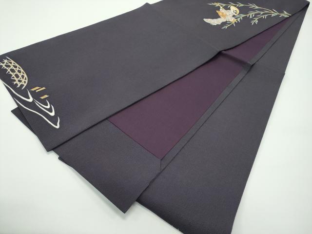 平和屋着物●極上 九寸開き名古屋帯 友禅 刺繍 枝垂れ柳人物文 金彩 鬼しぼ縮緬 紫黒色地 逸品 CZAA4136s5
