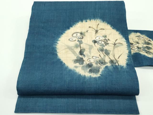 平和屋着物＊極上 夏物 九寸名古屋帯 手描き 藍 万寿菊 金彩 麻 逸品 未使用 CZAA4148s5