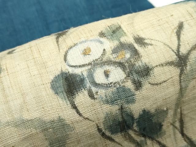 平和屋着物＊極上 夏物 九寸名古屋帯 手描き 藍 万寿菊 金彩 麻 逸品 未使用 CZAA4148s5