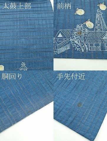 平和屋着物＊極上　夏物　山田や　舞衣ん　九寸名古屋帯　手描き　紬地　風景文　蛍　御召御納戸色地　逸品　未使用　CZAA4149s5