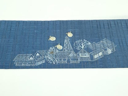 平和屋着物＊極上　夏物　山田や　舞衣ん　九寸名古屋帯　手描き　紬地　風景文　蛍　御召御納戸色地　逸品　未使用　CZAA4149s5