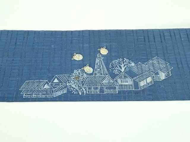 平和屋着物＊極上　夏物　山田や　舞衣ん　九寸名古屋帯　手描き　紬地　風景文　蛍　御召御納戸色地　逸品　未使用　CZAA4149s5