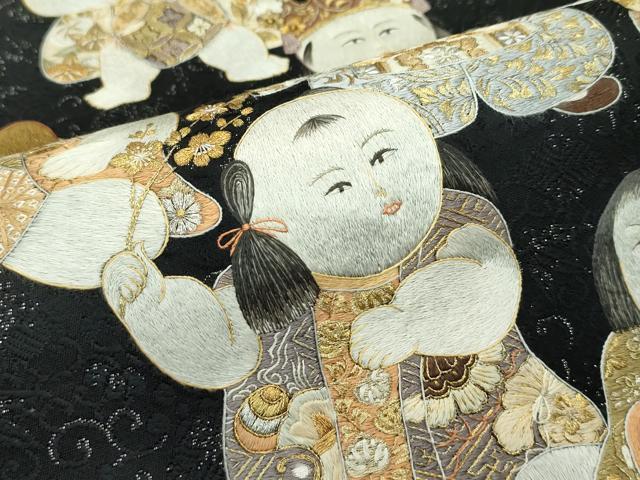 平和屋本店■極上　太鼓柄袋帯　総手刺繍　唐子　黒地　金銀糸　逸品　CZAA4157s5