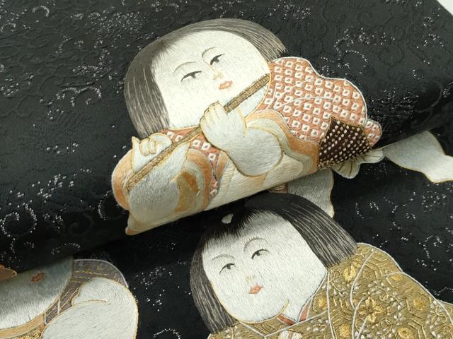 平和屋本店■極上　太鼓柄袋帯　総手刺繍　唐子　黒地　金銀糸　逸品　CZAA4157s5
