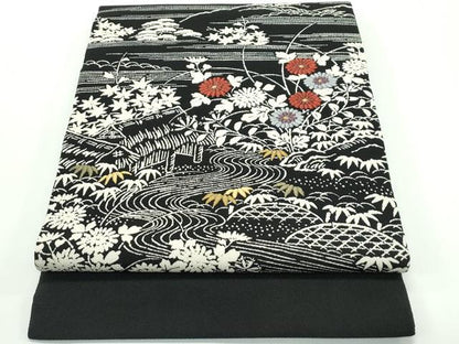 平和屋本店■極上　九寸開き名古屋帯　刺繍　御所解文　黒地　金糸　鬼しぼ縮緬　逸品　CZAA4159s5