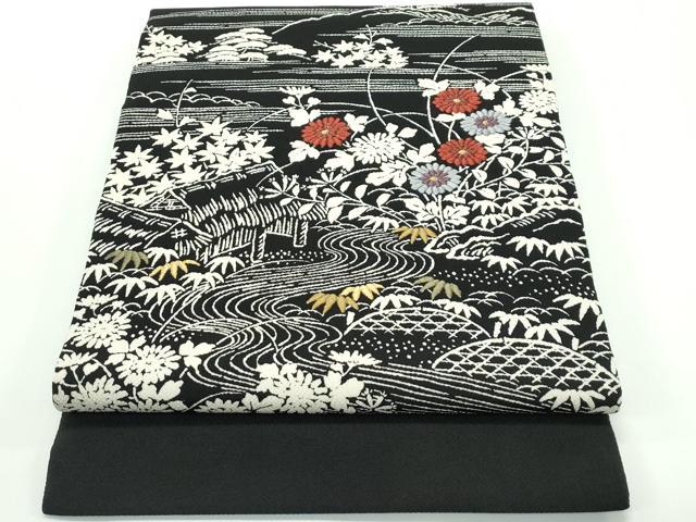 平和屋本店■極上　九寸開き名古屋帯　刺繍　御所解文　黒地　金糸　鬼しぼ縮緬　逸品　CZAA4159s5