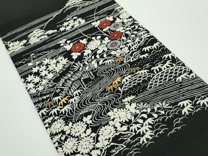 平和屋本店■極上　九寸開き名古屋帯　刺繍　御所解文　黒地　金糸　鬼しぼ縮緬　逸品　CZAA4159s5