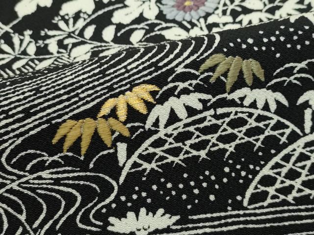 平和屋本店■極上　九寸開き名古屋帯　刺繍　御所解文　黒地　金糸　鬼しぼ縮緬　逸品　CZAA4159s5