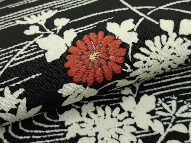 平和屋本店■極上　九寸開き名古屋帯　刺繍　御所解文　黒地　金糸　鬼しぼ縮緬　逸品　CZAA4159s5