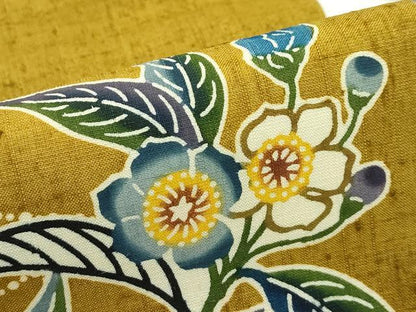 平和屋本店■極上　本場琉球紅型　琉球びんがた　知念積元　九寸名古屋帯　紬地　草花文　芥子色地　逸品　未使用　CZAA4174s5