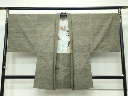 平和屋本店■極上　男性　髭紬・髭紬羽織セット　単衣　着物：鶸茶色　羽織：黄海松茶色　逸品　CZAA4202s5