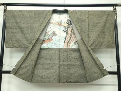 平和屋本店■極上　男性　髭紬・髭紬羽織セット　単衣　着物：鶸茶色　羽織：黄海松茶色　逸品　CZAA4202s5