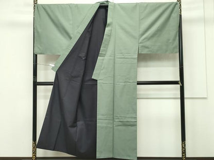 平和屋本店■極上　男性　紬・羽織セット　キングサイズ　色無地　着物：山葵色　羽織：岩井茶色　逸品　未使用　CZAA4210s5