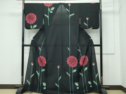 平和屋着物＊極上 夏物 撫松庵 訪問着 セオアルファ 草花文 黒地 洗える着物 逸品 CZAA4222s5
