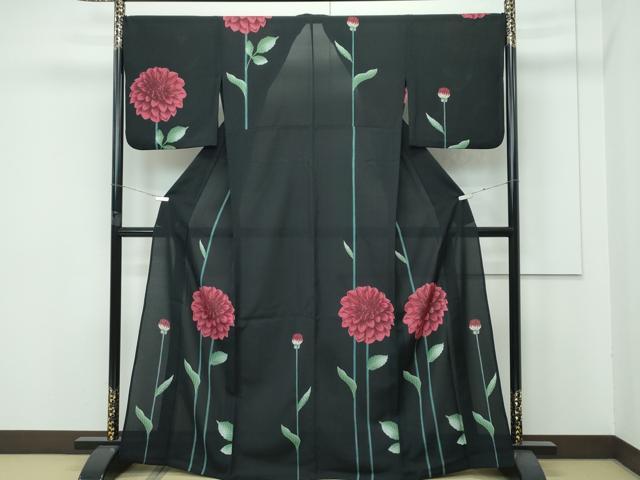 平和屋着物＊極上 夏物 撫松庵 訪問着 セオアルファ 草花文 黒地 洗える着物 逸品 CZAA4222s5