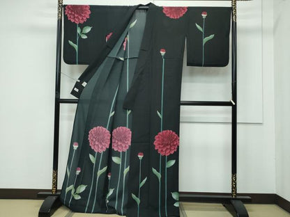 平和屋着物＊極上 夏物 撫松庵 訪問着 セオアルファ 草花文 黒地 洗える着物 逸品 CZAA4222s5