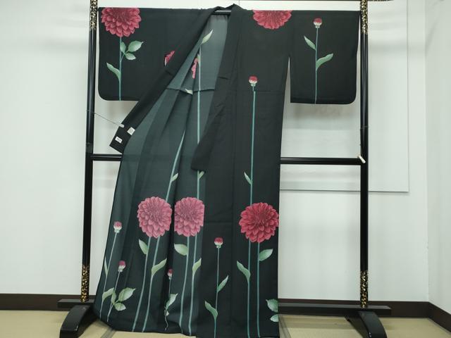 平和屋着物＊極上 夏物 撫松庵 訪問着 セオアルファ 草花文 黒地 洗える着物 逸品 CZAA4222s5