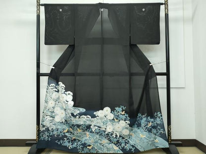 平和屋着物＊希少 夏物 黒留袖 花蝶唐草文 暈し染め 銀彩 逸品 CZAA4265s5