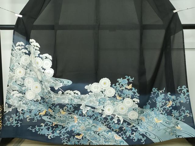 平和屋着物＊希少 夏物 黒留袖 花蝶唐草文 暈し染め 銀彩 逸品 CZAA4265s5
