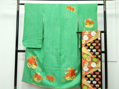 平和屋着物■極上　七五三　女の子　7歳　祝着・袋帯セット　総絞り　総刺繍　駒刺繍　花車文　逸品　CZAA4283s5