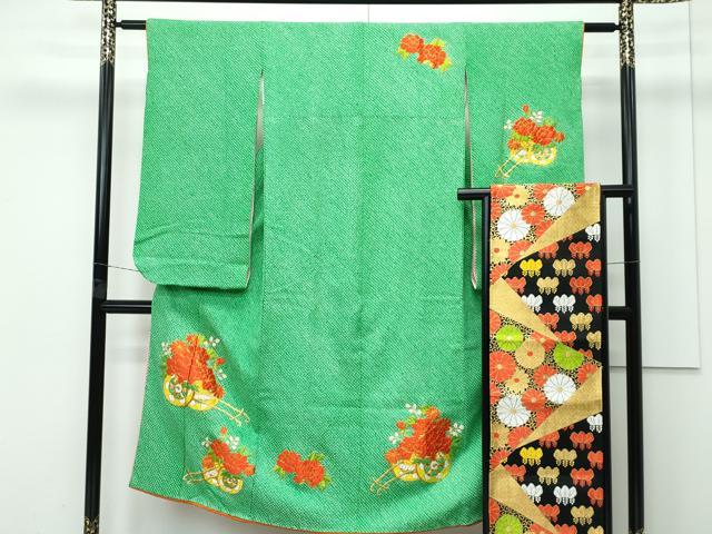 平和屋着物■極上　七五三　女の子　7歳　祝着・袋帯セット　総絞り　総刺繍　駒刺繍　花車文　逸品　CZAA4283s5