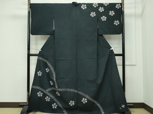 平和屋着物∴極上 夏物 浴衣 有松鳴海絞り 訪問着 舞花文 黒地 綿 逸品 CZAA4325s5