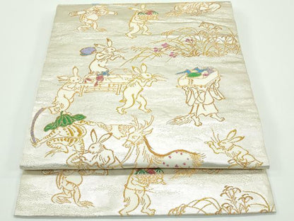 平和屋本店■極上　龍村美術織物　たつむら　つけ帯　とば絵献寿文　鳥獣戯画　金銀糸　逸品　CZAA4334s5