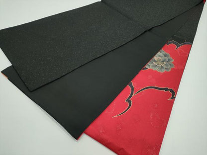 平和屋着物●極上　太鼓柄袋帯　草花文　黒地　銀通し地　逸品　CZAA4357s5