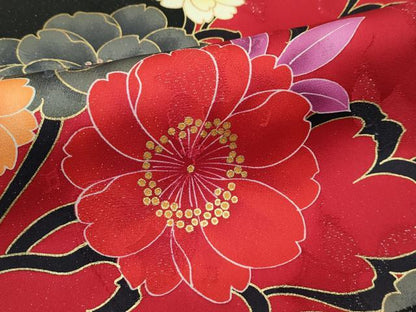 平和屋着物●極上　太鼓柄袋帯　草花文　黒地　銀通し地　逸品　CZAA4357s5