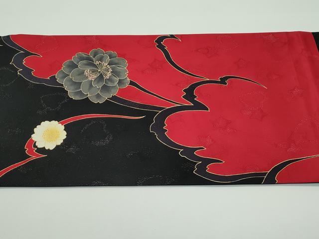 平和屋着物●極上　太鼓柄袋帯　草花文　黒地　銀通し地　逸品　CZAA4357s5