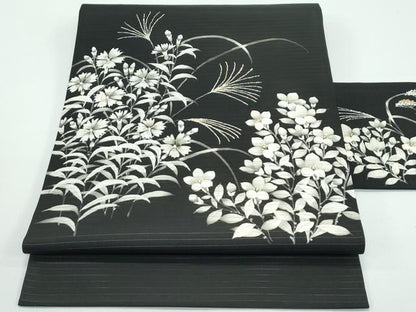 平和屋着物■極上　夏物　絽塩瀬　九寸名古屋帯　草花文　黒地　金彩　逸品　CZAA4368s5