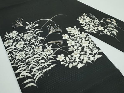 平和屋着物■極上　夏物　絽塩瀬　九寸名古屋帯　草花文　黒地　金彩　逸品　CZAA4368s5