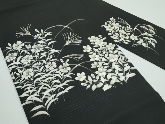 平和屋着物■極上　夏物　絽塩瀬　九寸名古屋帯　草花文　黒地　金彩　逸品　CZAA4368s5