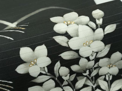 平和屋着物■極上　夏物　絽塩瀬　九寸名古屋帯　草花文　黒地　金彩　逸品　CZAA4368s5
