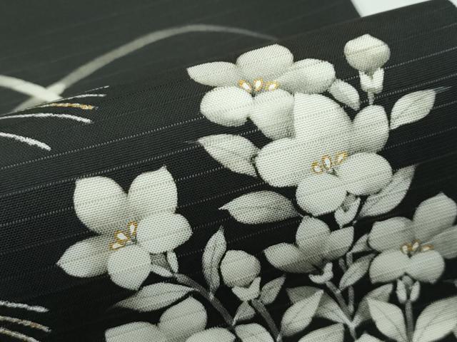 平和屋着物■極上　夏物　絽塩瀬　九寸名古屋帯　草花文　黒地　金彩　逸品　CZAA4368s5