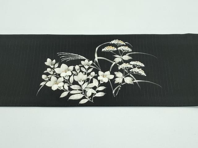 平和屋着物■極上　夏物　絽塩瀬　九寸名古屋帯　草花文　黒地　金彩　逸品　CZAA4368s5