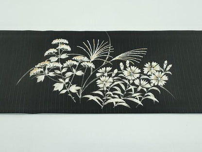 平和屋着物■極上　夏物　絽塩瀬　九寸名古屋帯　草花文　黒地　金彩　逸品　CZAA4368s5