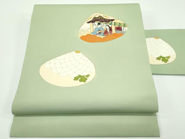 平和屋本店■極上 銀座 志ま亀 塩瀬 九寸名古屋帯 中国三大刺繍 相良刺繍 貝合せ人物菊文 金彩 柳茶色地 たとう紙付き 逸品 CZAA4385s5
