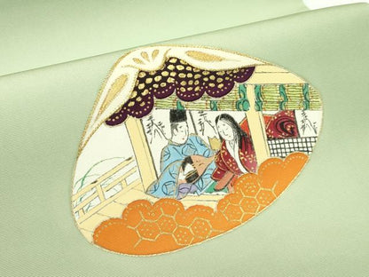 平和屋本店■極上 銀座 志ま亀 塩瀬 九寸名古屋帯 中国三大刺繍 相良刺繍 貝合せ人物菊文 金彩 柳茶色地 たとう紙付き 逸品 CZAA4385s5