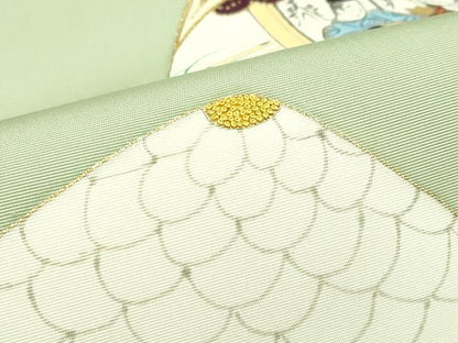 平和屋本店■極上 銀座 志ま亀 塩瀬 九寸名古屋帯 中国三大刺繍 相良刺繍 貝合せ人物菊文 金彩 柳茶色地 たとう紙付き 逸品 CZAA4385s5