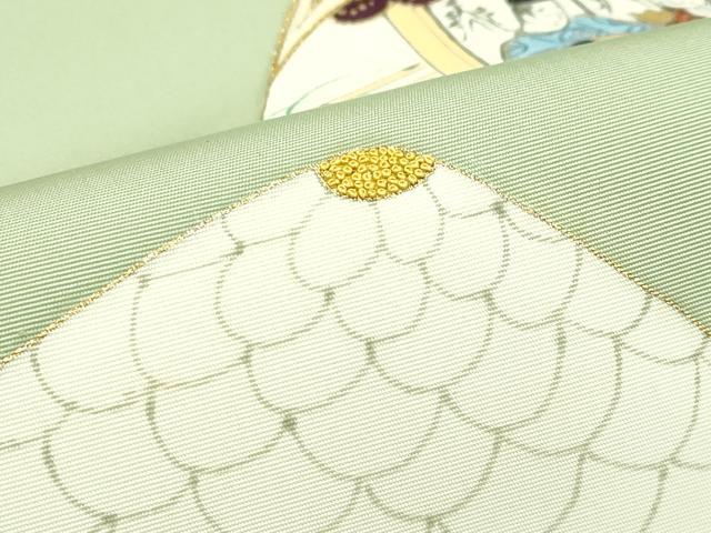 平和屋本店■極上 銀座 志ま亀 塩瀬 九寸名古屋帯 中国三大刺繍 相良刺繍 貝合せ人物菊文 金彩 柳茶色地 たとう紙付き 逸品 CZAA4385s5