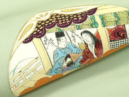 平和屋本店■極上 銀座 志ま亀 塩瀬 九寸名古屋帯 中国三大刺繍 相良刺繍 貝合せ人物菊文 金彩 柳茶色地 たとう紙付き 逸品 CZAA4385s5