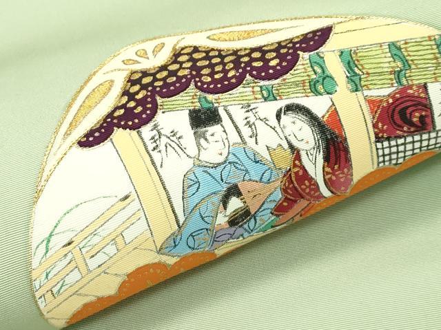平和屋本店■極上 銀座 志ま亀 塩瀬 九寸名古屋帯 中国三大刺繍 相良刺繍 貝合せ人物菊文 金彩 柳茶色地 たとう紙付き 逸品 CZAA4385s5