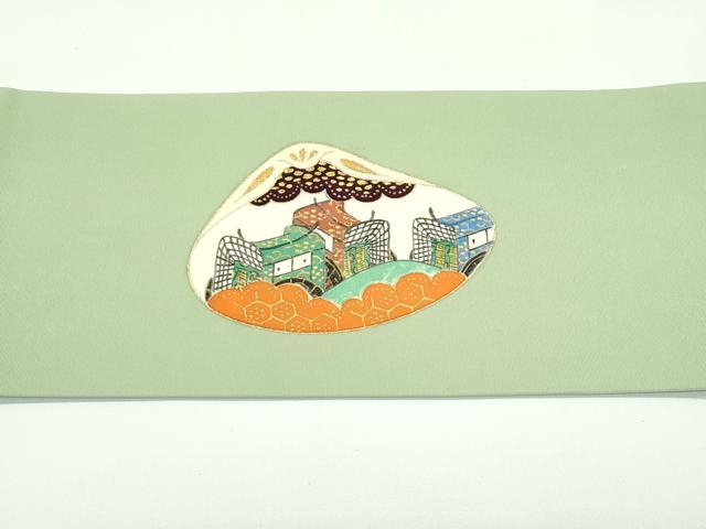 平和屋本店■極上 銀座 志ま亀 塩瀬 九寸名古屋帯 中国三大刺繍 相良刺繍 貝合せ人物菊文 金彩 柳茶色地 たとう紙付き 逸品 CZAA4385s5