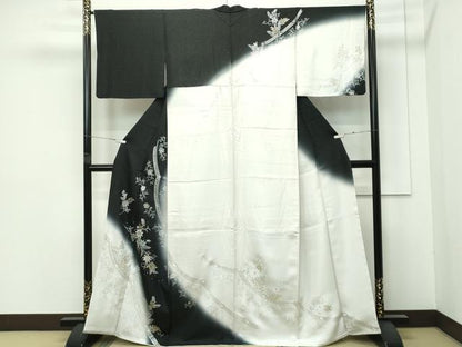 平和屋本店●極上　訪問着　花唐草文　暈し染め　黒地　銀通し地　逸品　CZAA4407s6