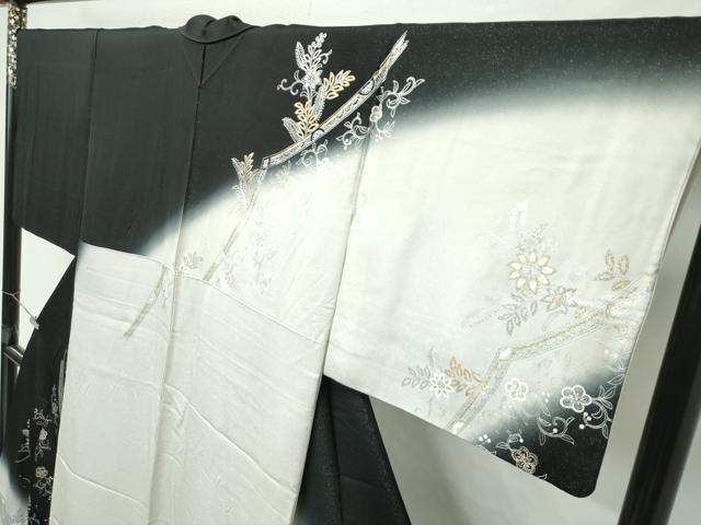 平和屋本店●極上　訪問着　花唐草文　暈し染め　黒地　銀通し地　逸品　CZAA4407s6