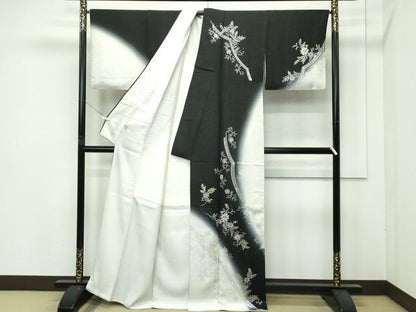 平和屋本店●極上　訪問着　花唐草文　暈し染め　黒地　銀通し地　逸品　CZAA4407s6