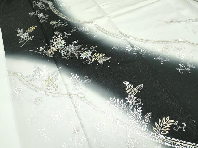 平和屋本店●極上　訪問着　花唐草文　暈し染め　黒地　銀通し地　逸品　CZAA4407s6